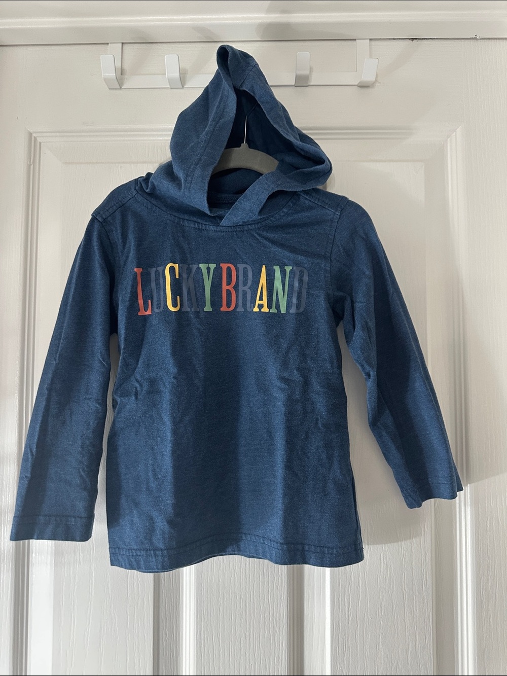 Lucky Brand Navy Blue Hooded Long-Sleeve Tee with Multicolor Logo